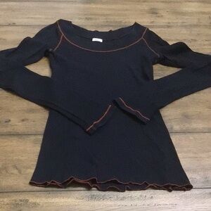 Splendid Long Sleeve Exposed Seam Scalloped Hem Thermal Top Black Size Medium